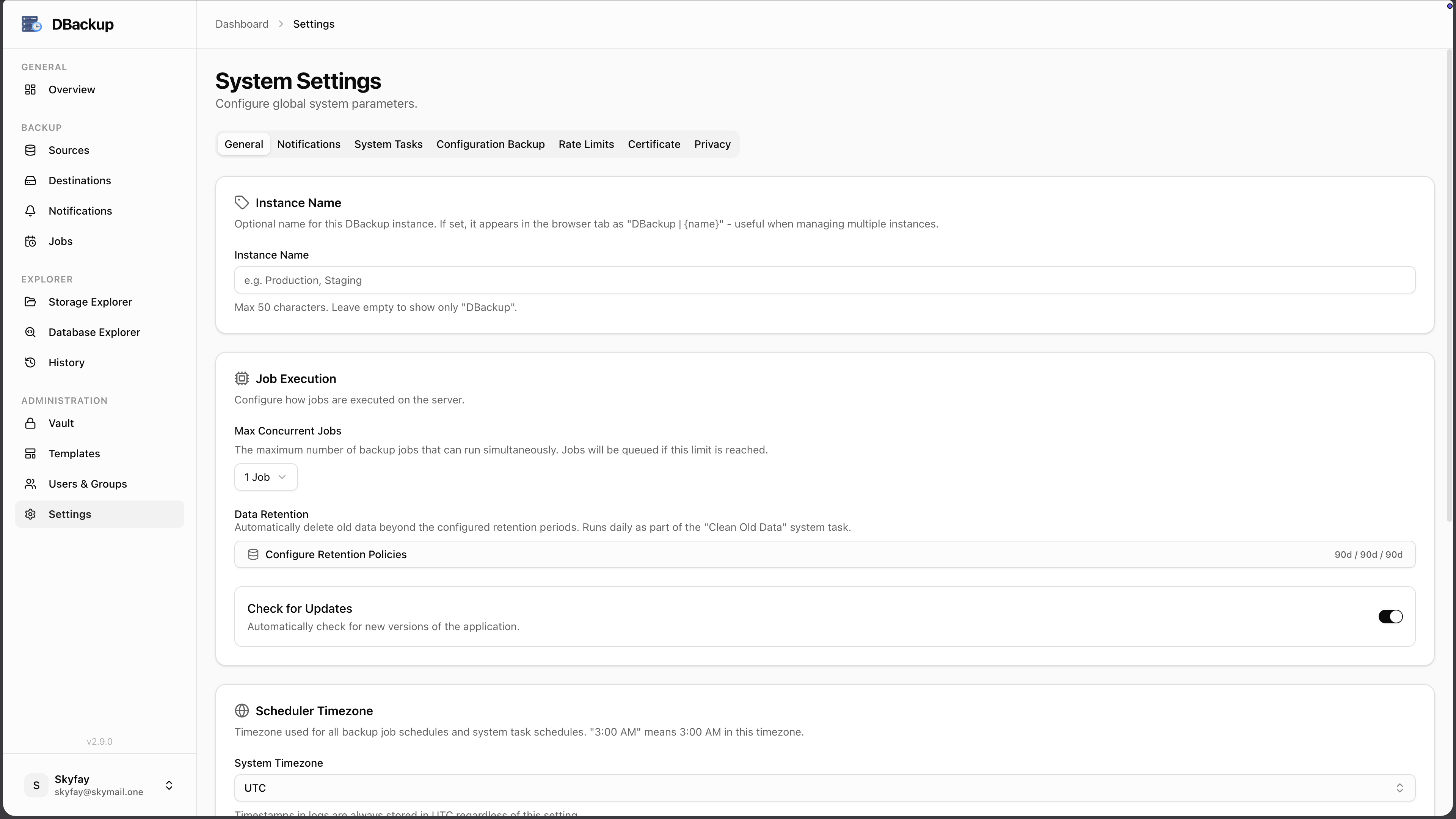 DBackup Settings screenshot