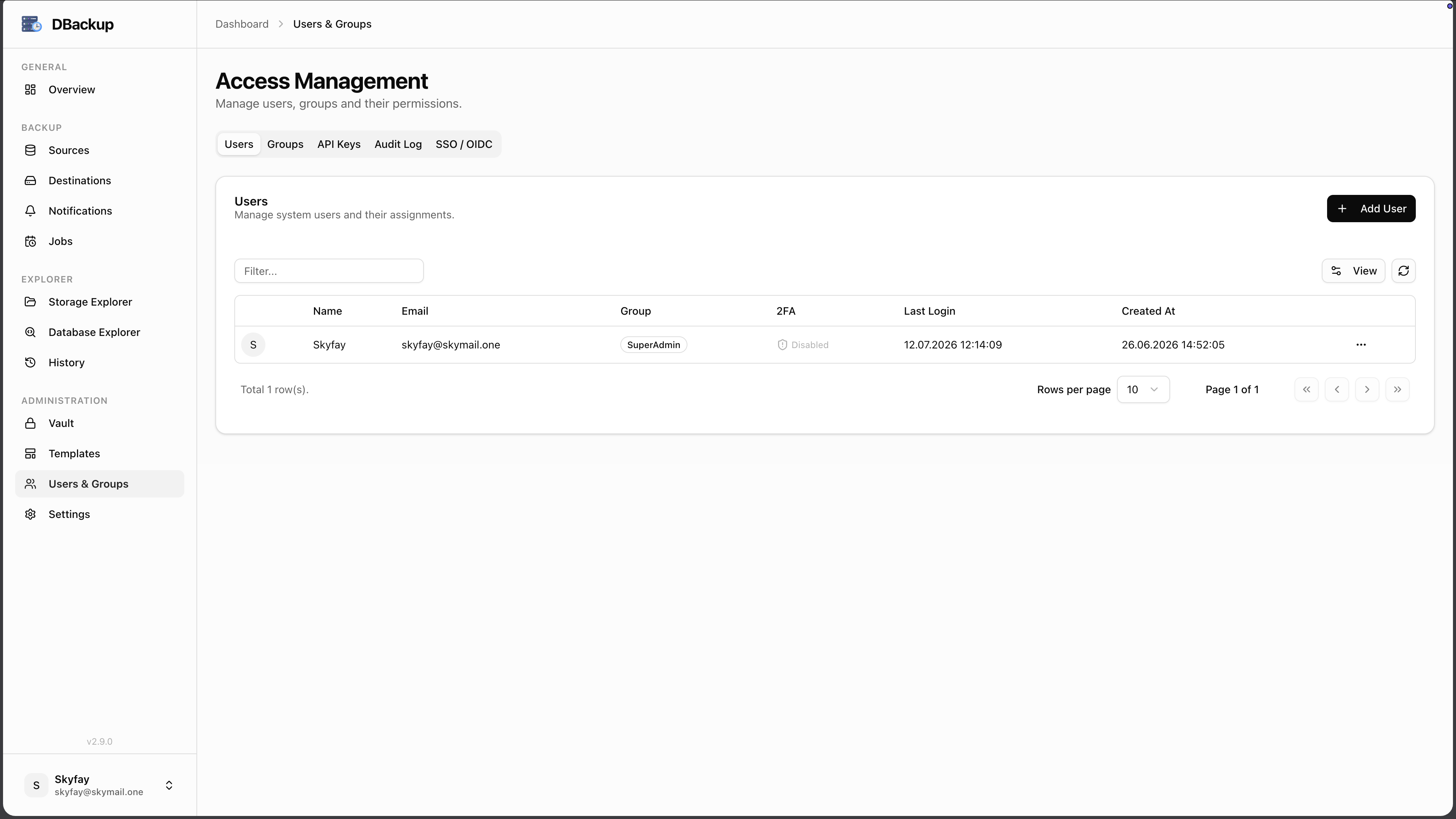 DBackup Users & Groups screenshot